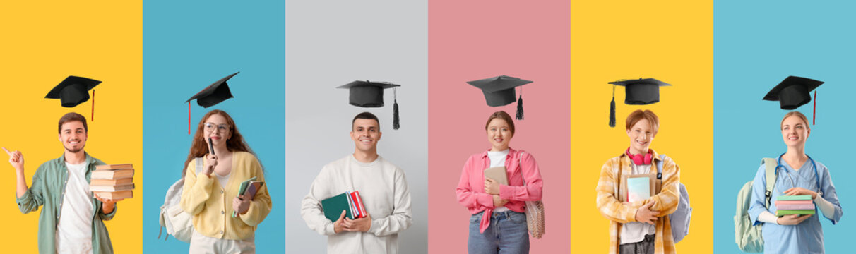 Set of students with flying graduation hats on color background