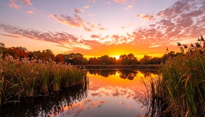 Obraz premium Serene autumn sunset over a calm pond