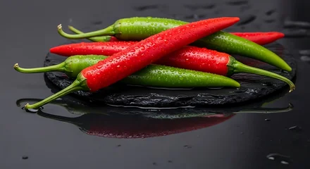 Glasschilderij  A vibrant arrangement of fresh red and green chili peppers, sparkling with water droplets on a dark, reflective background, highlighting their spicy allure and natural beauty  © Rikhy