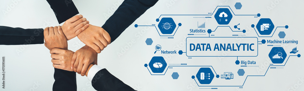 Poster a diverse team comes together to explore data analytics concepts, showcasing visuals of statistics a