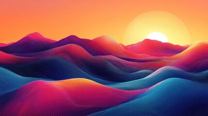 Vibrant Abstract Landscape with Wavy Mountains and Sunset