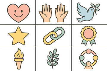 Collection of hand drawn icons representing love peace unity success and achievement
