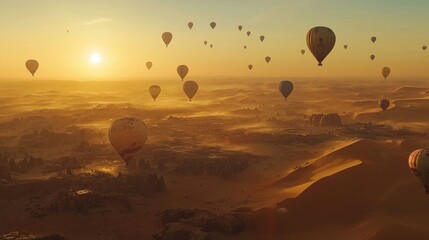 Naklejka premium Sunrise hot air balloons over desert landscape.