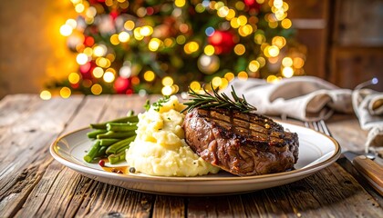 Grilled steak with mashed potatoes and green beans on a plate, Christmas lights in background