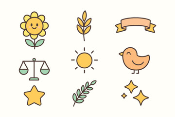 Collection of cute hand drawn doodle icons representing nature positivity and balance