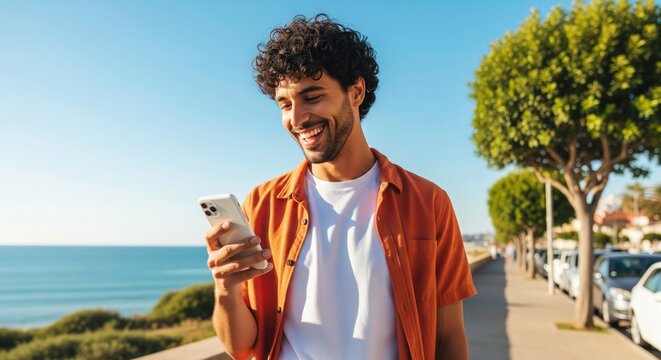 A smiling man with curly hair walks along a sunny seaside promenade, looking at his smartphone, with the ocean and trees in the background - Powered by Adobe