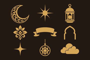 Collection of golden islamic ornaments and symbols on a dark background © Md Abdul Latif