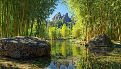 A tranquil scene of a serene pond nestled amidst a lush bamboo grove, with towering mountains in the background.
