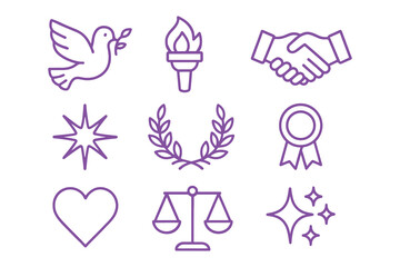Collection of nine simple line art icons representing peace justice freedom and achievement in purple outline