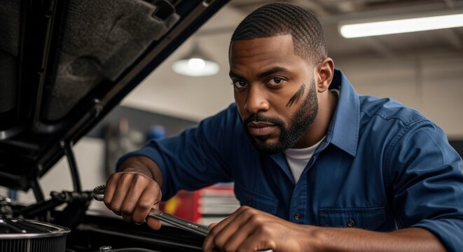 A focused african american mechanic with grease on his face works on a car engine in a repair shop, holding a wrench