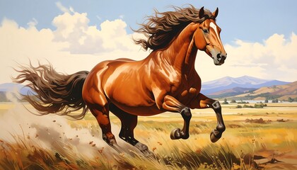 A majestic chestnut horse gallops across a golden meadow, its flowing mane and tail catching the wind against a backdrop of rolling hills.