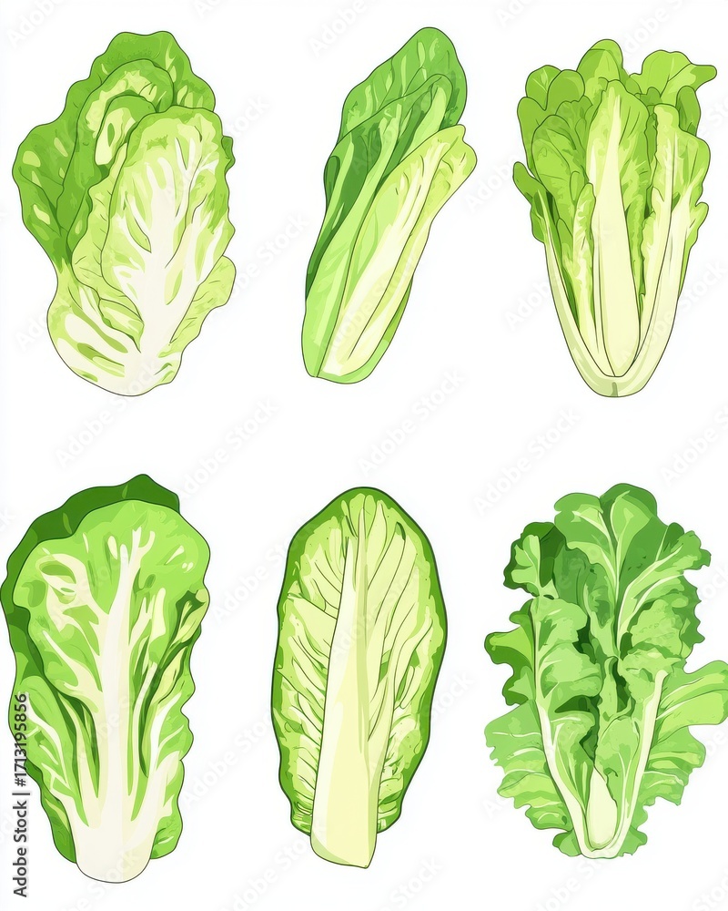 Poster a vibrant array of fresh green lettuce varieties, showcasing their unique textures and shapes agains