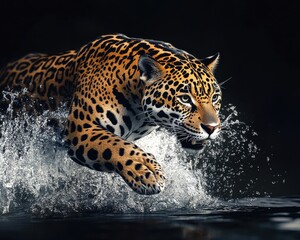 Obraz premium A majestic jaguar leaps through water, showcasing its powerful physique and stunning spotted coat against a dark backdrop.