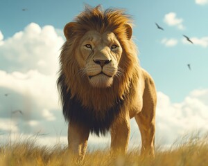 Obraz premium Majestic male lion with a majestic mane stands proudly in a golden savannah, basking under a bright blue sky.