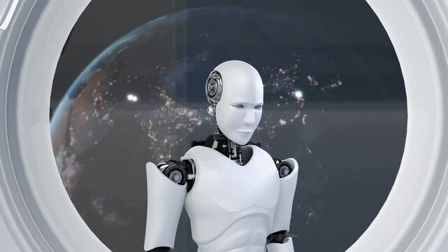 Futuristic robot, artificial intelligence CGI inside spaceship in space universe overlooking planet earth outside the space shuttle window . Robotic man 3D render animation .