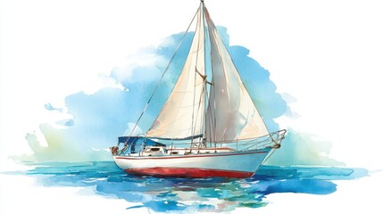 Fototapeta premium A sailboat clipart, travel element, watercolor illustration, pastel colors, isolated on white background.