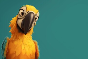 Playful Stylized Parrot Illustration: Vibrant Macaw with Colorful Feathers on Blue Background &ndash; Whimsical Cartoon Character Design in Digital Art