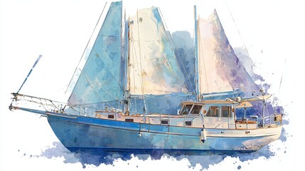Obraz premium A sailboat clipart, travel element, watercolor illustration, pastel colors, isolated on white background.