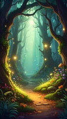 Obraz premium An illustration of a secret forest glade created with digital painting. Earthy tones, shimmering magical light, and enchanting forest greens.