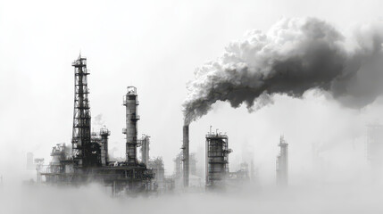 Industrial Skyline: A grayscale panorama showcases a complex industrial site enveloped in a thick cloud of emissions, symbolizing industry&rsquo;s footprint on the environment