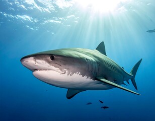 Fototapeta premium Powerful tiger shark glides gracefully through the vivid blue depths, sunlight illuminating its formidable form.