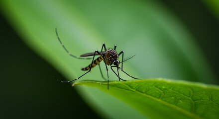 Detailed close-up of a mosquito featuring its striped legs and prominent proboscis, resting delicately on a vibrant green leaf in its natural habitat, emphasizing intricate biological details
