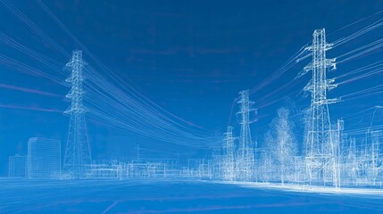 A blueprintstyle sketch of power lines  pylons over a cityscape against a blue backdrop