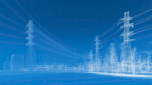 A blueprintstyle sketch of power lines  pylons over a cityscape against a blue backdrop