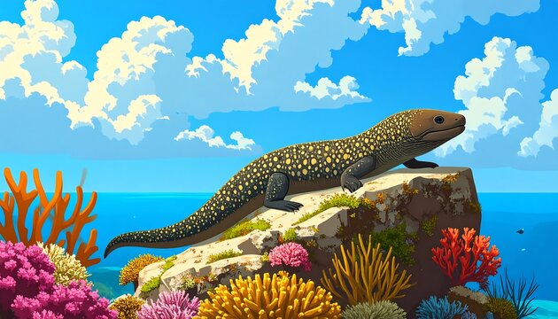 Lizard-like creature on coral reef, sunny day