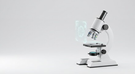 White microscope with a floating holographic display showing a microorganism. Medical research and scientific analysis concept. Modern biotechnology.