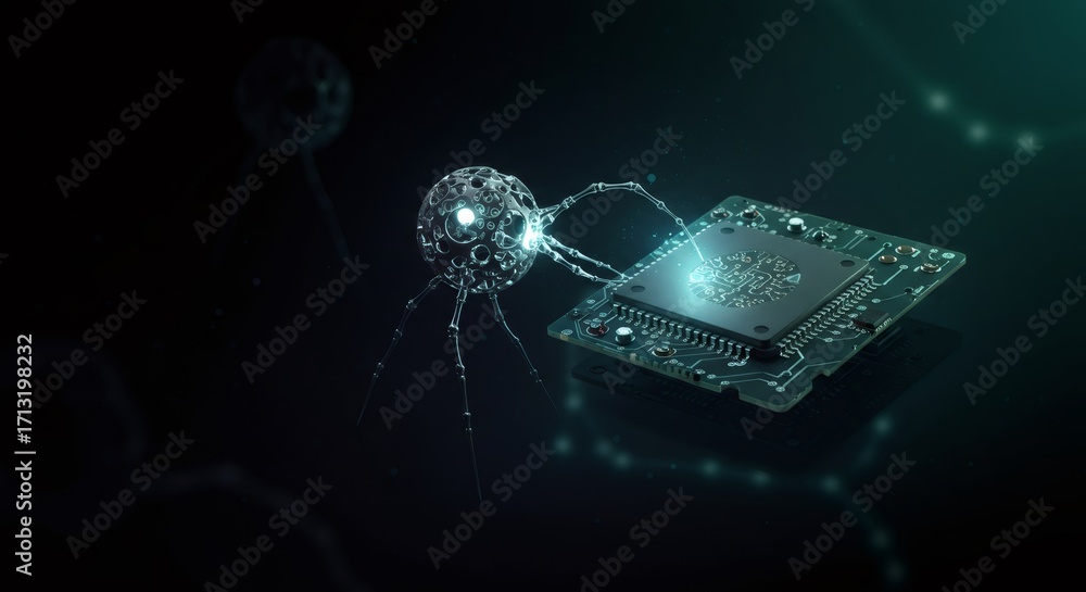 Poster nanobot connecting to a circuit board and transferring data. future of medical nanotechnology and ad