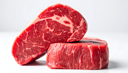 Fresh raw beef steaks on white background, close-up.