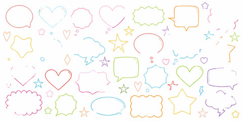 Collection of hand drawn colorful speech bubbles hearts and stars on a white background