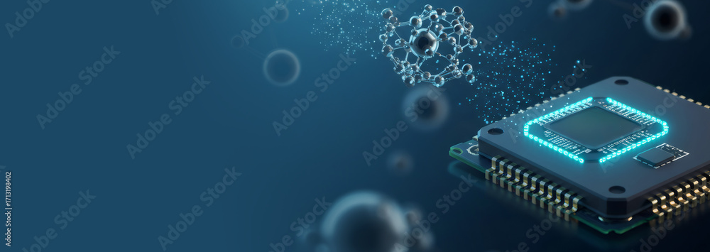 Poster microchip processing data with molecules and particles. futuristic medical technology for drug disco