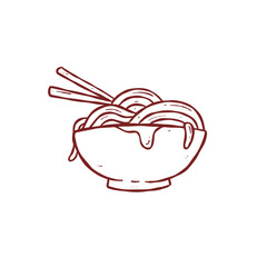 Hand drawn japanese ramen noodle in bowl outline illustration