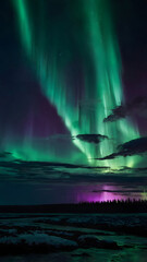 Naklejka premium Vibrant Aurora Borealis Dancing Across the Night Sky Over a Frozen Landscape