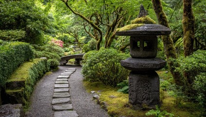 A peaceful stone lantern stands sentinel in a lush, meticulously maintained Japanese garden, with winding stone pathways and a tranquil bridge.