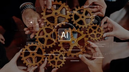 Hands of diverse individuals connect wooden gears, symbolizing cooperation in technology and artificial intelligence, emphasizing innovation and business teamwork. Raster - Powered by Adobe