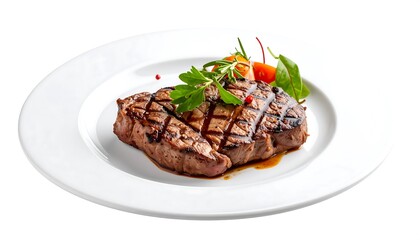 Grilled steak with vegetables on a white plate