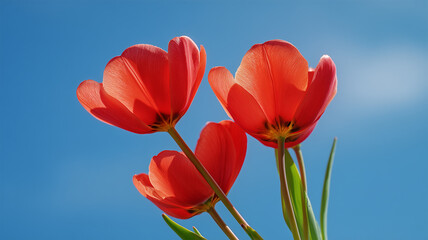 澄んだ青空に赤いチューリップの束を飾る