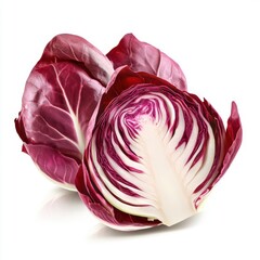 Fototapeta premium Fresh vibrant red cabbage halves showcasing layered leaves and a crisp texture.