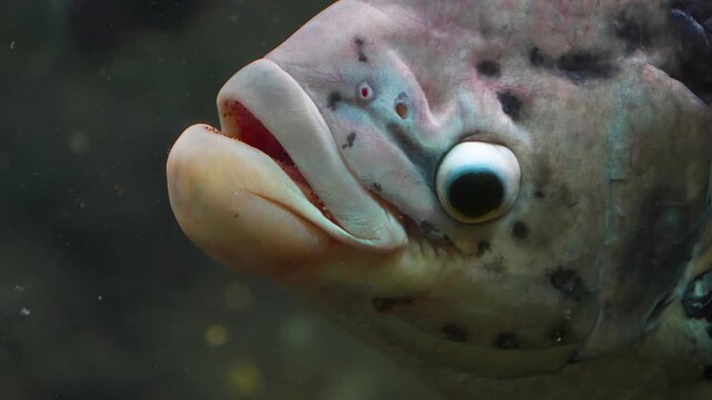Close up head of a gurami fish underwater opening his mouth