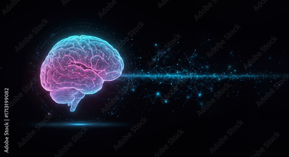 Poster holographic brain with neural network connection. artificial intelligence concept, digital innovatio