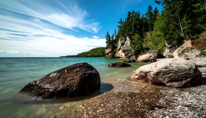 Lakeside rocks under a blue sky