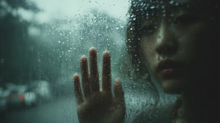 女性が雨の窓ガラスに手を添える
