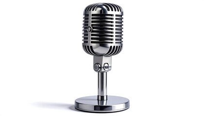 Fototapeta premium A vintage-style microphone stands prominently against a plain white background.
