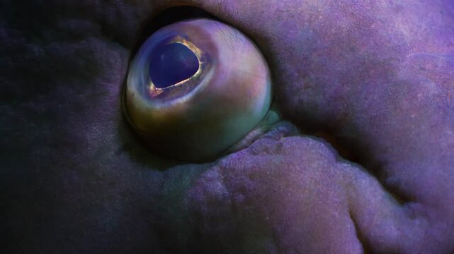 Close up of a grouper fish eye watching around underwater beside a reef