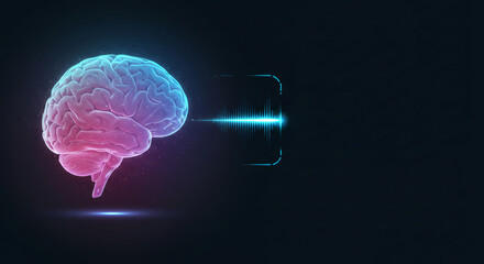 Digital human brain with bright sound wave. Concept of artificial intelligence, neuroscience, and mental health technology.