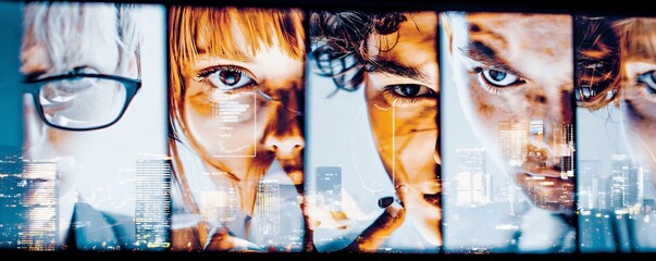 Multicultural portraits with city overlay – urban diversity campaign, interconnected identity composition