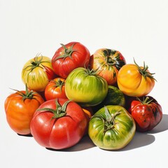 An assortment of vibrant heirloom tomatoes in various colors, showcasing their fresh and organic appeal.